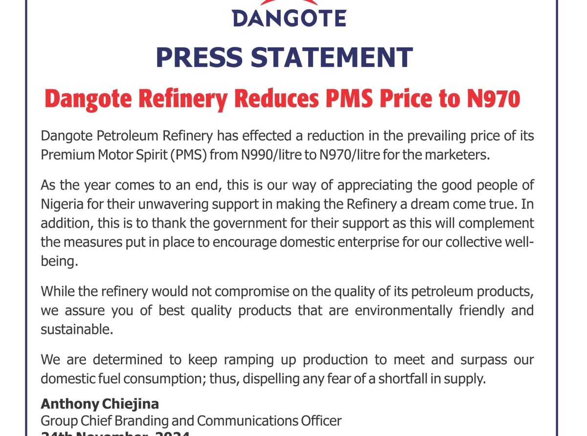 Dangote refinery reduces fuel price to N970/litre